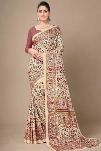 beige art silk floral saree