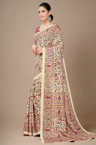 beige art silk floral saree