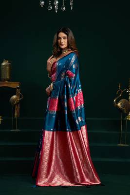 Teal soft banarasi silk blend zari weaving saree with blouse piece 2