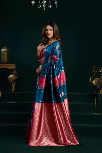 Teal soft banarasi silk blend zari weaving saree with blouse piece