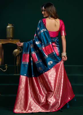 Teal soft banarasi silk blend zari weaving saree with blouse piece 3