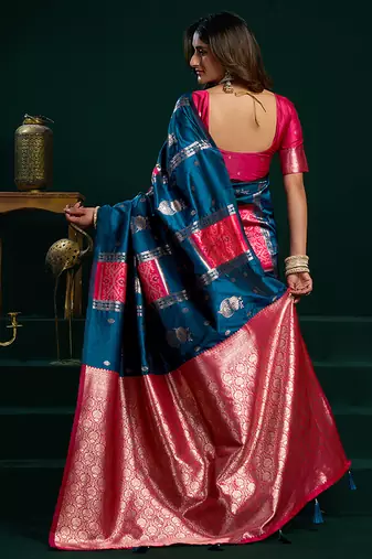 Teal soft banarasi silk blend zari weaving saree with blouse piece