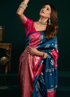 Teal soft banarasi silk blend zari weaving saree with blouse piece 4