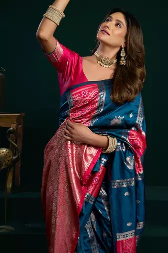 Teal soft banarasi silk blend zari weaving saree with blouse piece