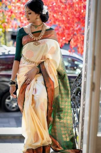 cream art silk kanjeevaram saree with woven zari design