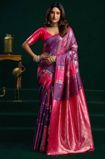 Violet soft banarasi silk blend zari weaving saree with blouse piece