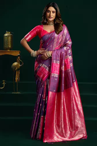 Violet soft banarasi silk blend zari weaving saree with blouse piece