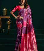 Violet soft banarasi silk blend zari weaving saree with blouse piece