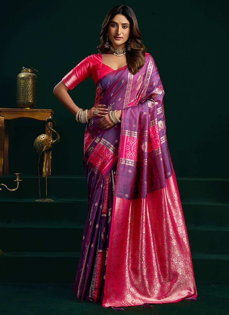 Violet soft banarasi silk blend zari weaving saree with blouse piece