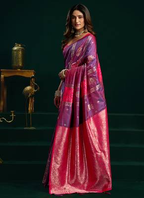 Violet soft banarasi silk blend zari weaving saree with blouse piece 2