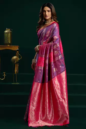 Violet soft banarasi silk blend zari weaving saree with blouse piece