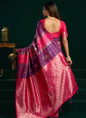 Violet soft banarasi silk blend zari weaving saree with blouse piece 3