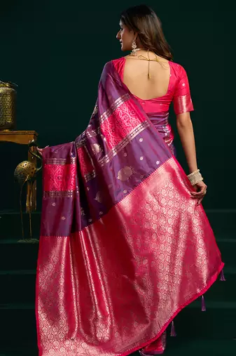 Violet soft banarasi silk blend zari weaving saree with blouse piece