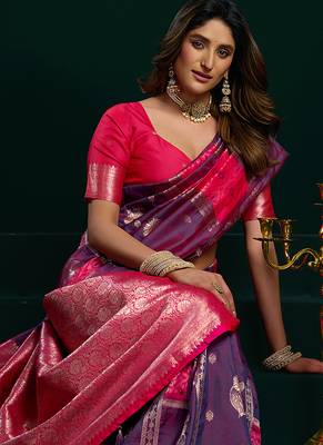 Violet soft banarasi silk blend zari weaving saree with blouse piece 4