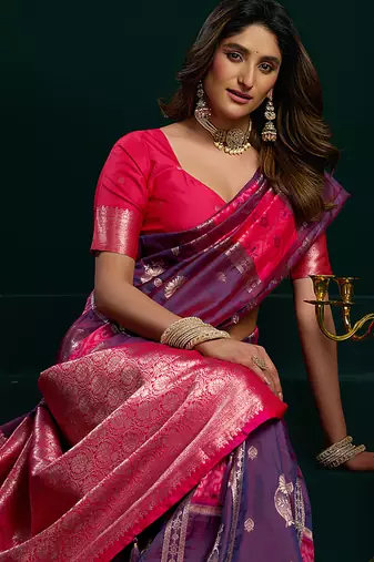Violet soft banarasi silk blend zari weaving saree with blouse piece