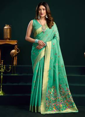Sea green cotton blend saree with floral meenakari pallu and gold zari border 1