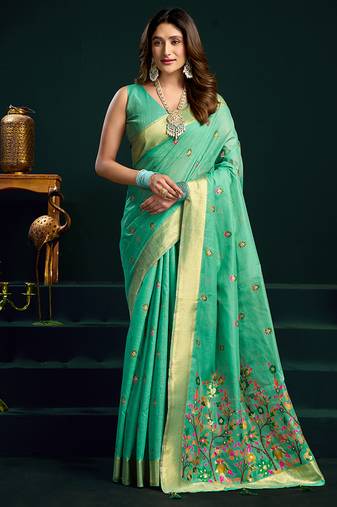 Sea green cotton blend saree with floral meenakari pallu and gold zari border