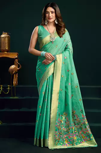 Sea green cotton blend saree with floral meenakari pallu and gold zari border