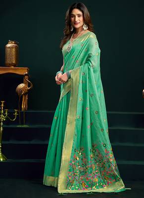 Sea green cotton blend saree with floral meenakari pallu and gold zari border 2