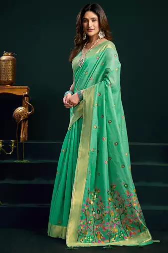 Sea green cotton blend saree with floral meenakari pallu and gold zari border