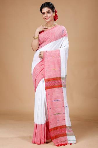 white cotton khadi saree with woven design