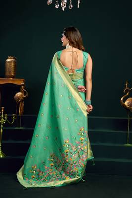 Sea green cotton blend saree with floral meenakari pallu and gold zari border 3