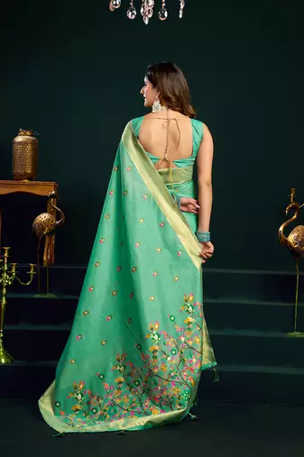 Sea green cotton blend saree with floral meenakari pallu and gold zari border