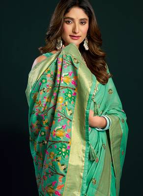 Sea green cotton blend saree with floral meenakari pallu and gold zari border 4