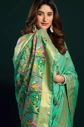 Sea green cotton blend saree with floral meenakari pallu and gold zari border
