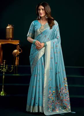 Sky blue cotton blend saree with floral meenakari pallu and gold zari border 1