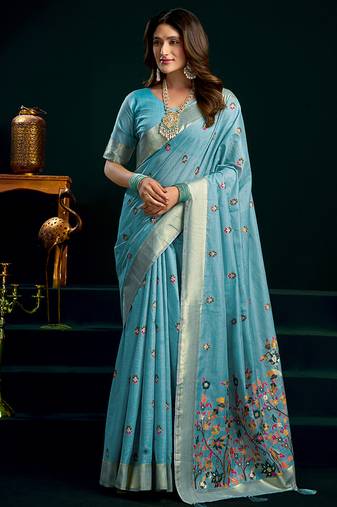 Sky blue cotton blend saree with floral meenakari pallu and gold zari border