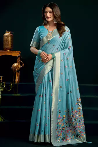 Sky blue cotton blend saree with floral meenakari pallu and gold zari border