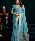 Sky blue cotton blend saree with floral meenakari pallu and gold zari border