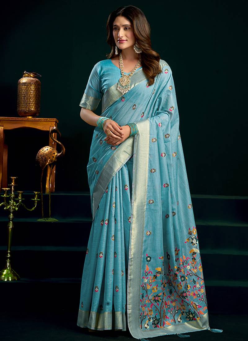 Sky blue cotton blend saree with floral meenakari pallu and gold zari border