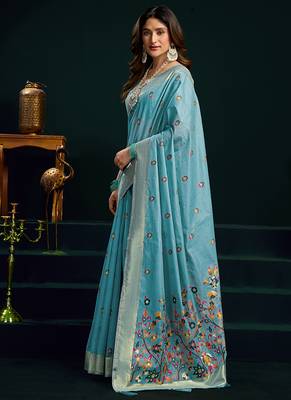 Sky blue cotton blend saree with floral meenakari pallu and gold zari border 2