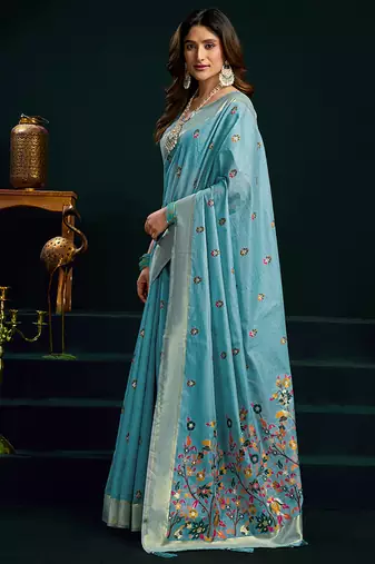 Sky blue cotton blend saree with floral meenakari pallu and gold zari border