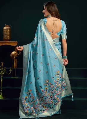 Sky blue cotton blend saree with floral meenakari pallu and gold zari border 3