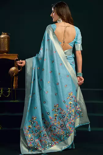 Sky blue cotton blend saree with floral meenakari pallu and gold zari border