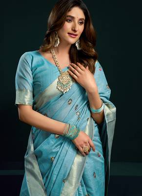 Sky blue cotton blend saree with floral meenakari pallu and gold zari border 4