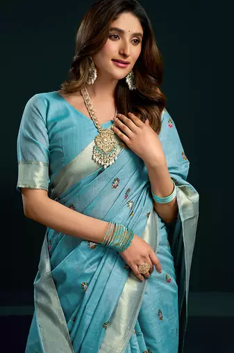 Sky blue cotton blend saree with floral meenakari pallu and gold zari border