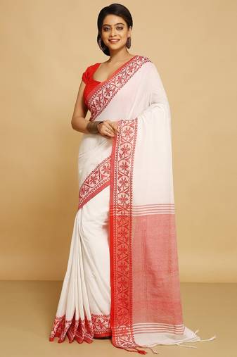 white saree with traditional woven border design
