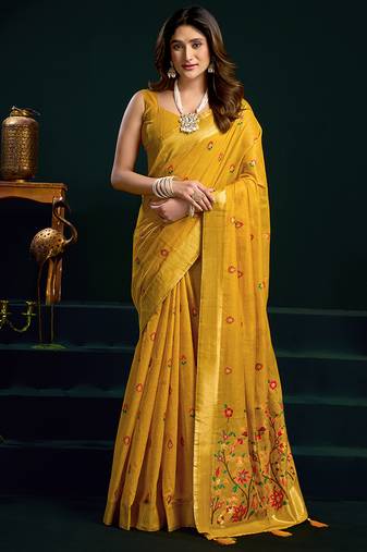 Mustard cotton blend saree with floral meenakari pallu and gold zari border