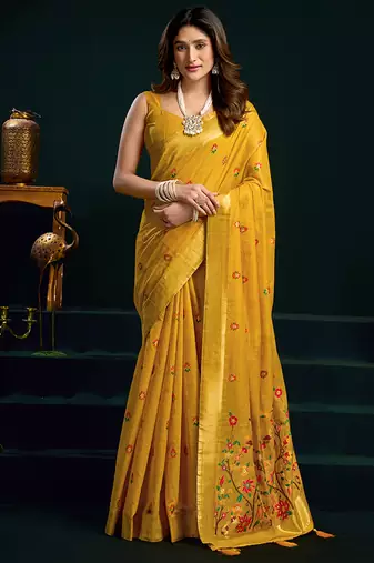 Mustard cotton blend saree with floral meenakari pallu and gold zari border