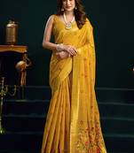 Mustard cotton blend saree with floral meenakari pallu and gold zari border