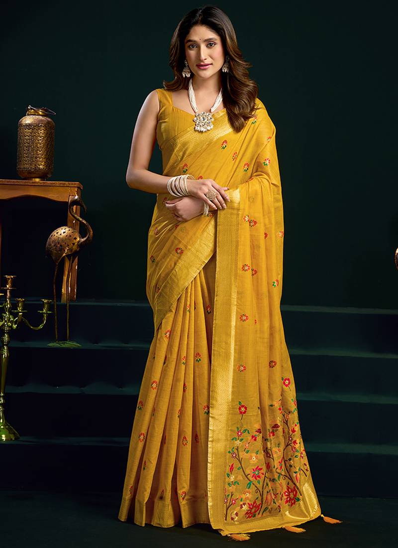 Mustard cotton blend saree with floral meenakari pallu and gold zari border
