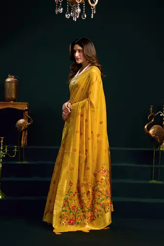 Mustard cotton blend saree with floral meenakari pallu and gold zari border
