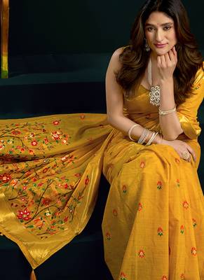Mustard cotton blend saree with floral meenakari pallu and gold zari border 4