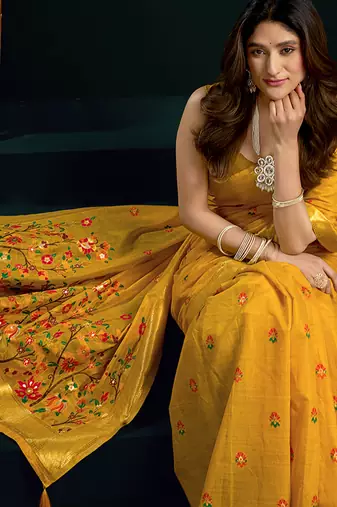 Mustard cotton blend saree with floral meenakari pallu and gold zari border
