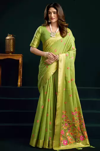 Light green cotton blend saree with floral meenakari pallu and gold zari border
