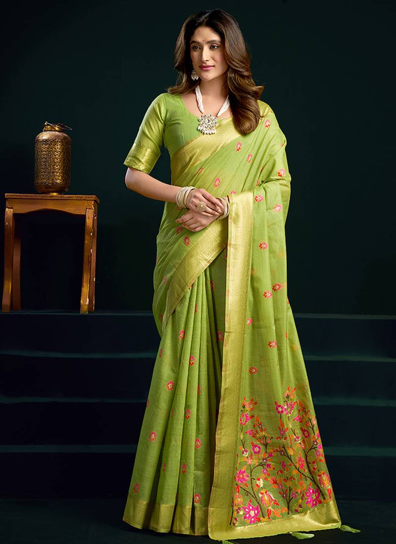 Light green cotton blend saree with floral meenakari pallu and gold zari border